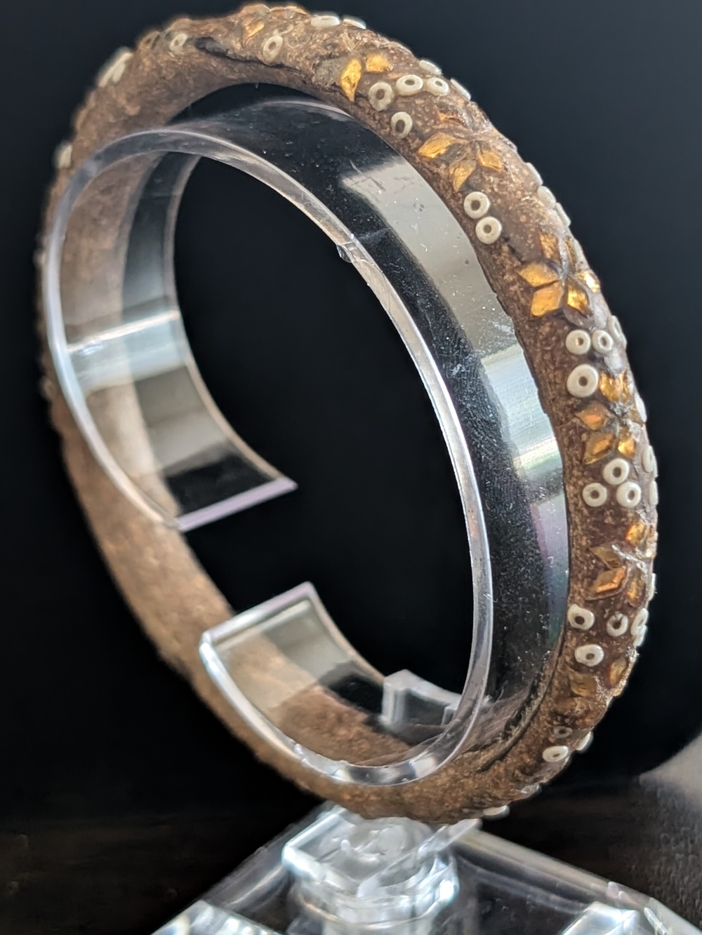 Embellished Brown Beaded Bangle Bracelet with Gold Accents